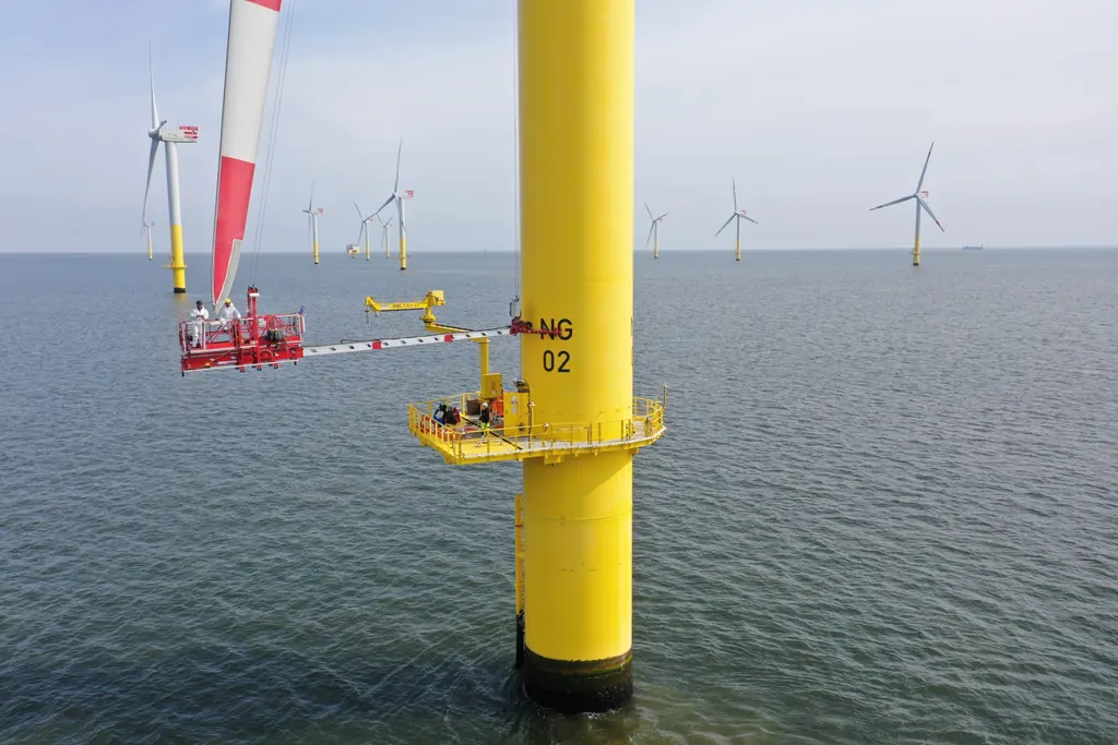 Arbeitsbühne am Transition Piece einer Offshore-Windenergieanlage