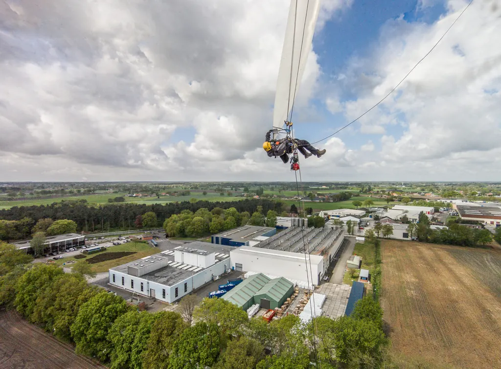 Industriekletterer bei der handnahen Inspektion der Blattspitze per Seilzugang